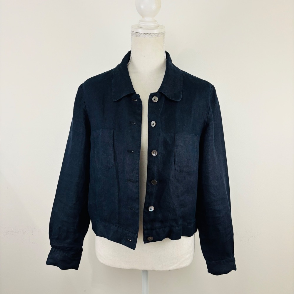Vintage Talbots Petites Navy Blue 100% Irish Linen Cropped Button Jacket 8P